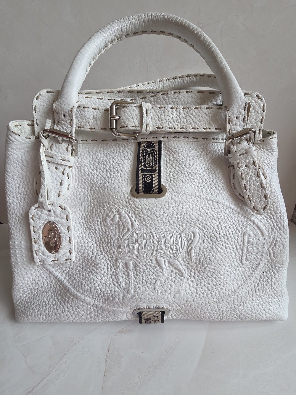 Fendi White Embossed Leather Tote